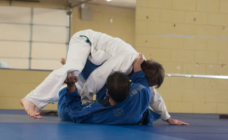 Split image comparing judo throw and BJJ ground fighting