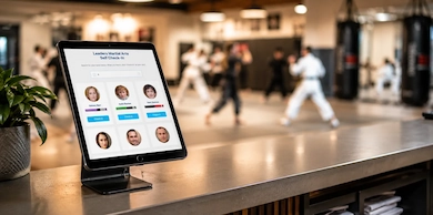 Martial arts student self check-in on a tablet kiosk at the front desk