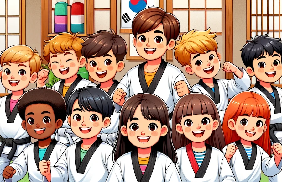 a group of children in taekwondo uniforms excited to start class