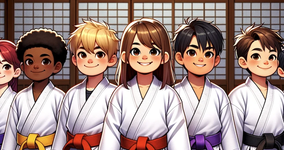 a group of children in martial arts uniforms at the dojo