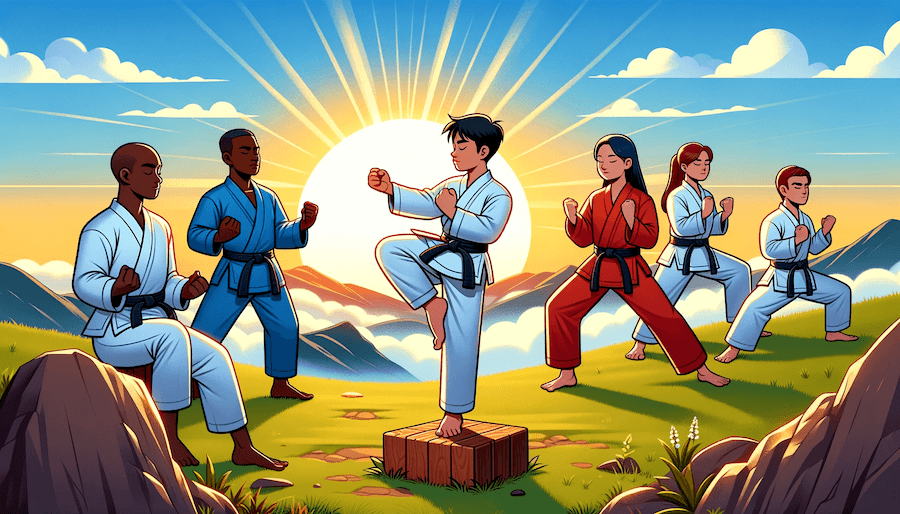 students in a martial arts school practicing moves in unison