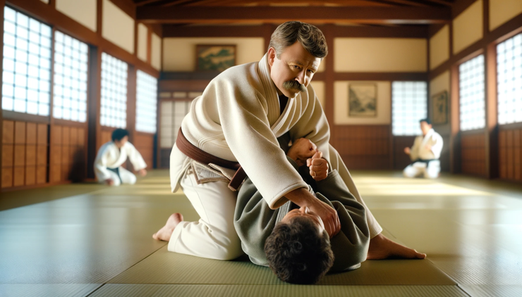 Illustration men grappling by beach