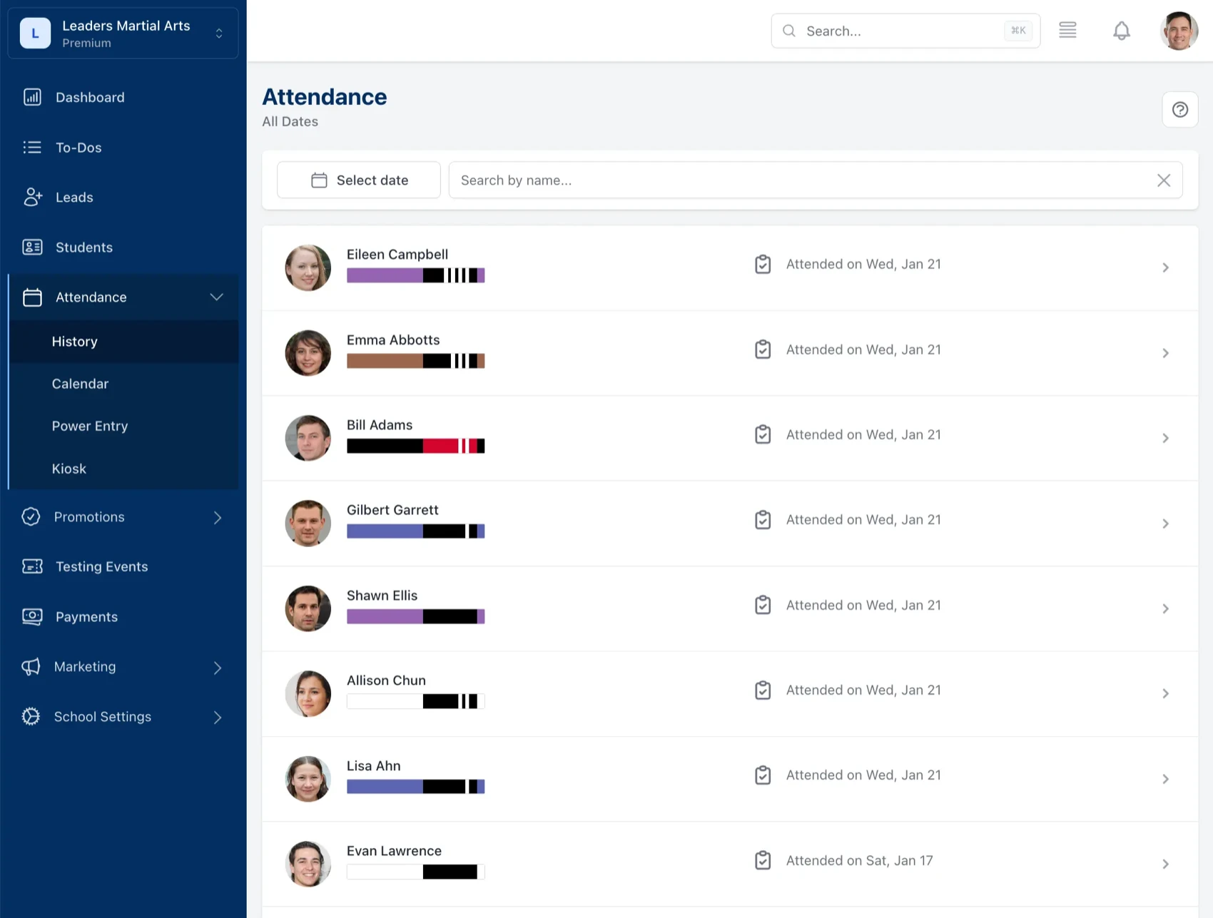 list of active martial arts students with their picture, their belt and their attendance date
