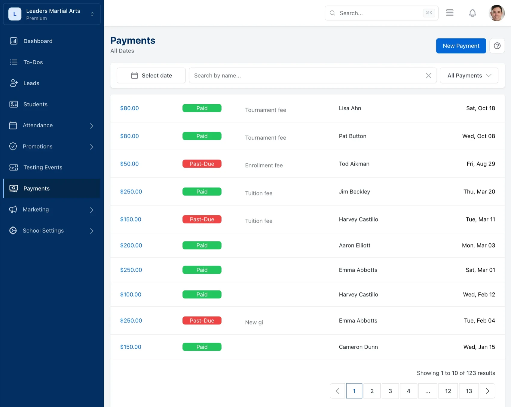 page listing student payments with the amount, student, due date