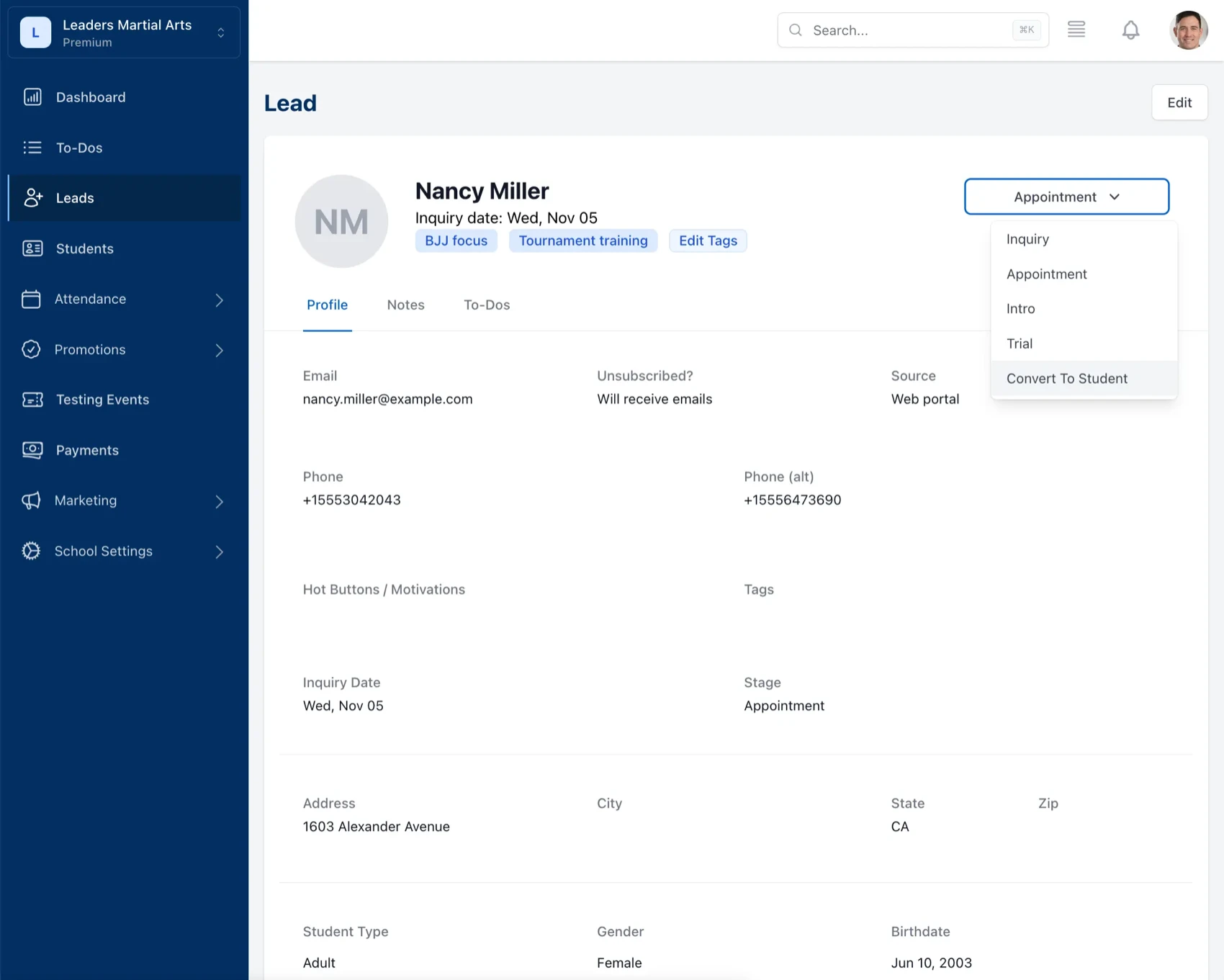 list of potential students with their name, email, and inquiry date