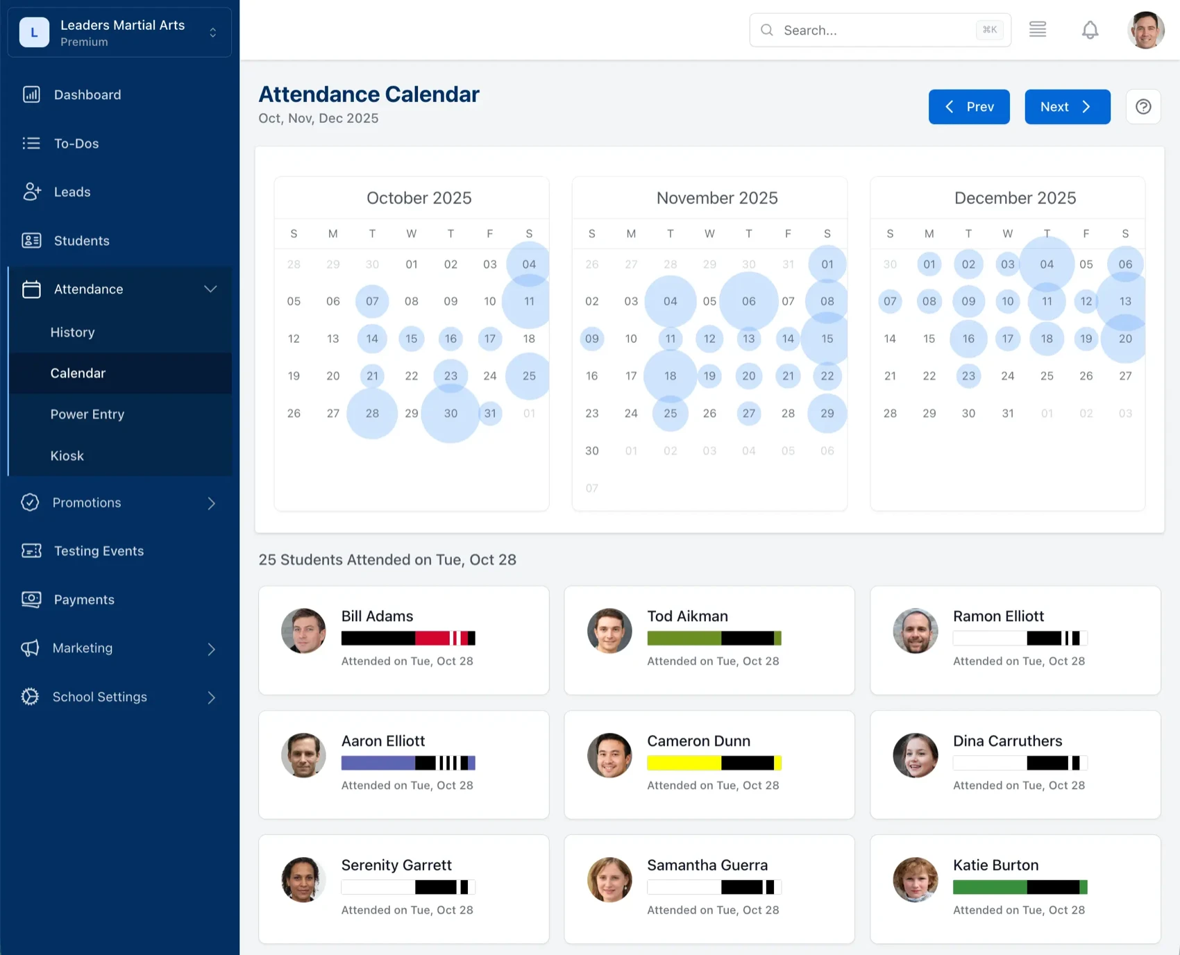 attendance calendar with blue bubbles showing size of student attendance