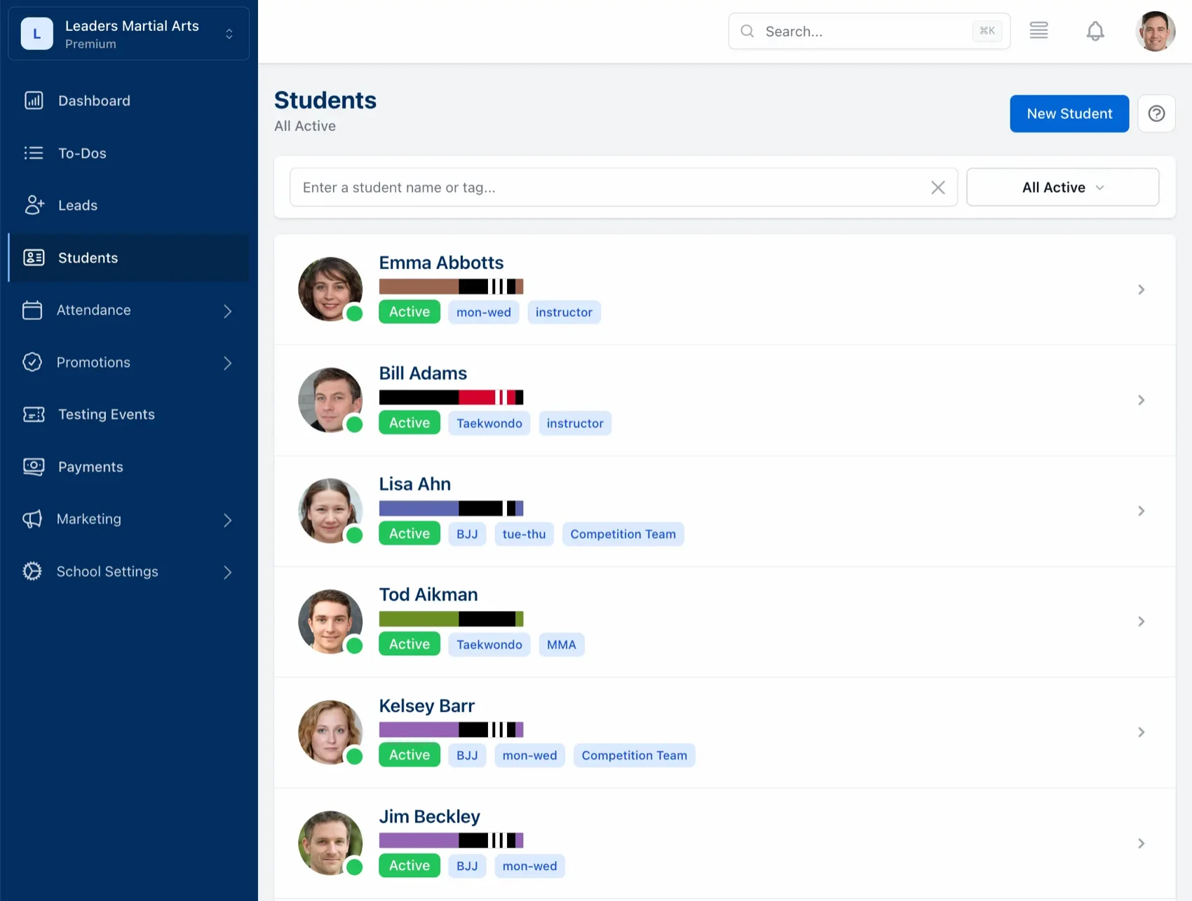 student list showing profiles, belt ranks, and custom tags