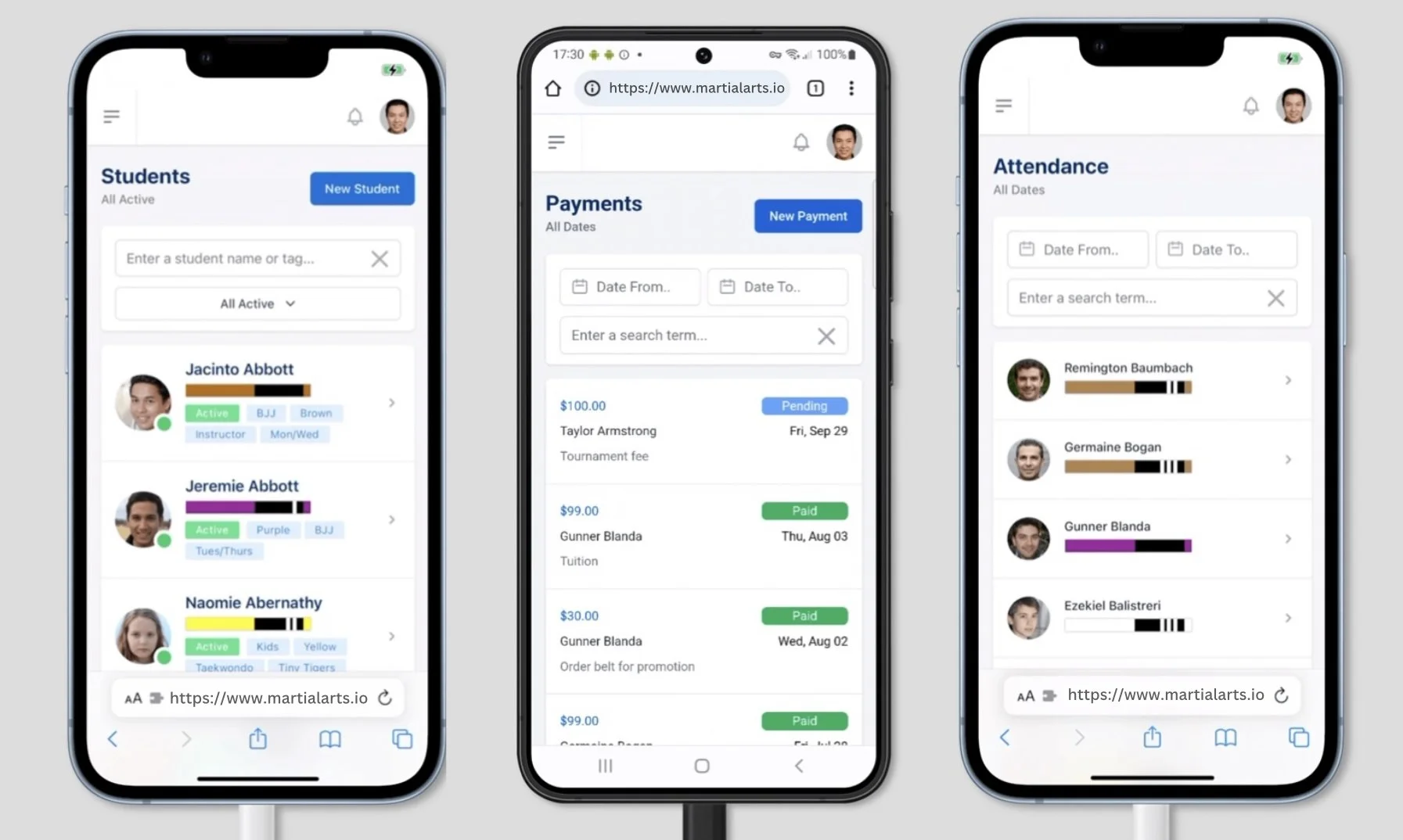 three cell phones using martialarts.io students, payments, and attendance pages