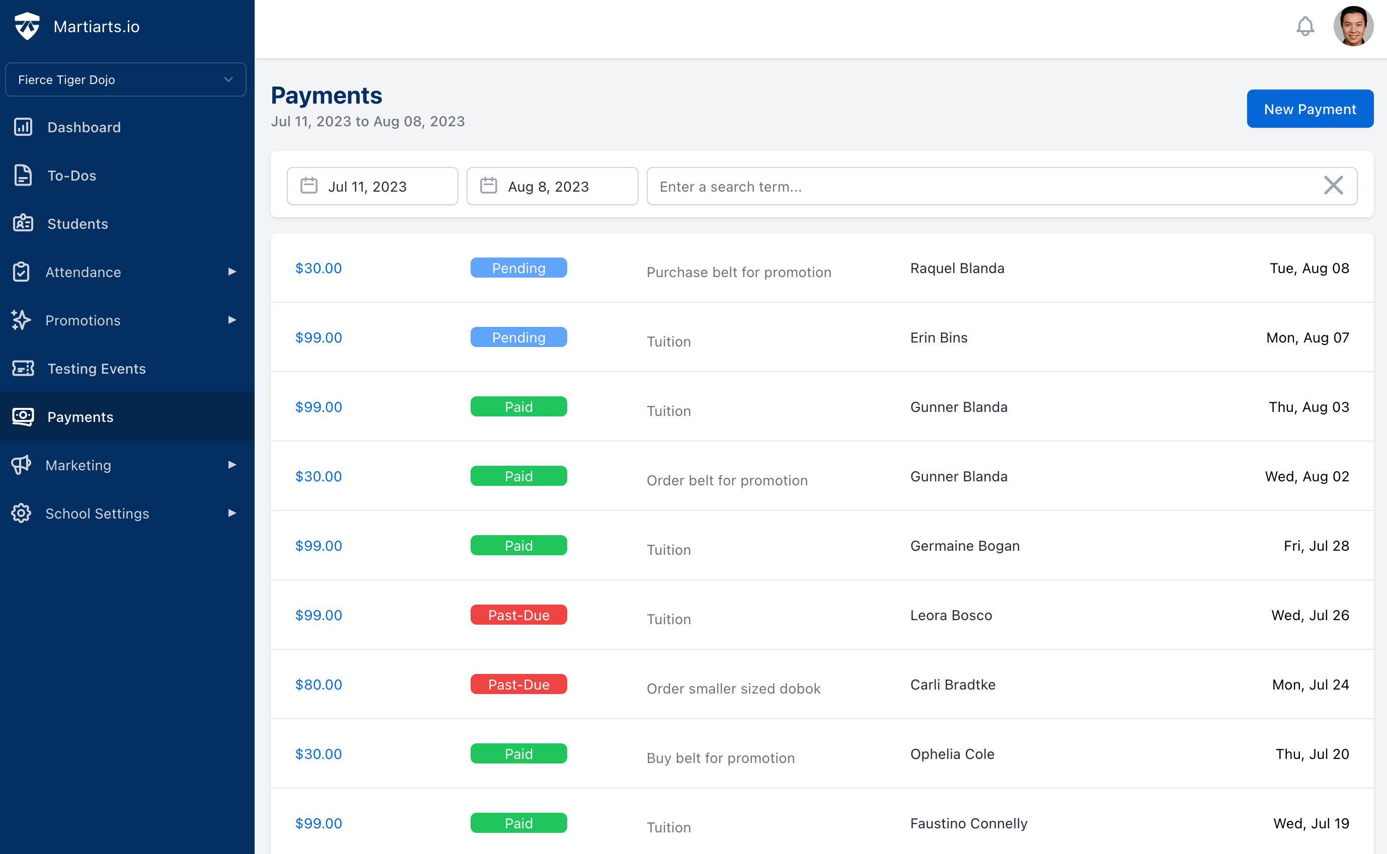 page listing student payments with the amount, student, due date