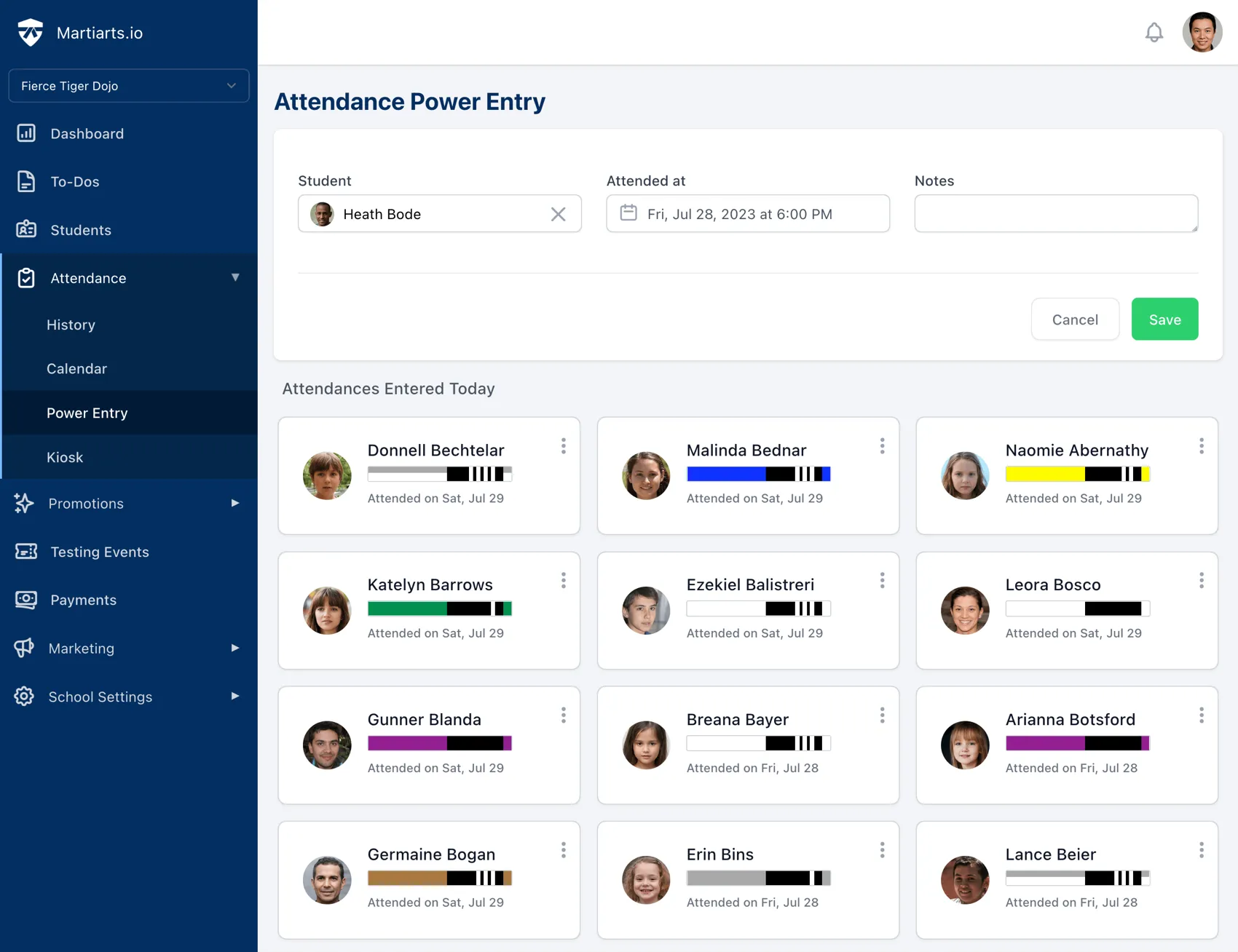 power entry feature for quick student check-in