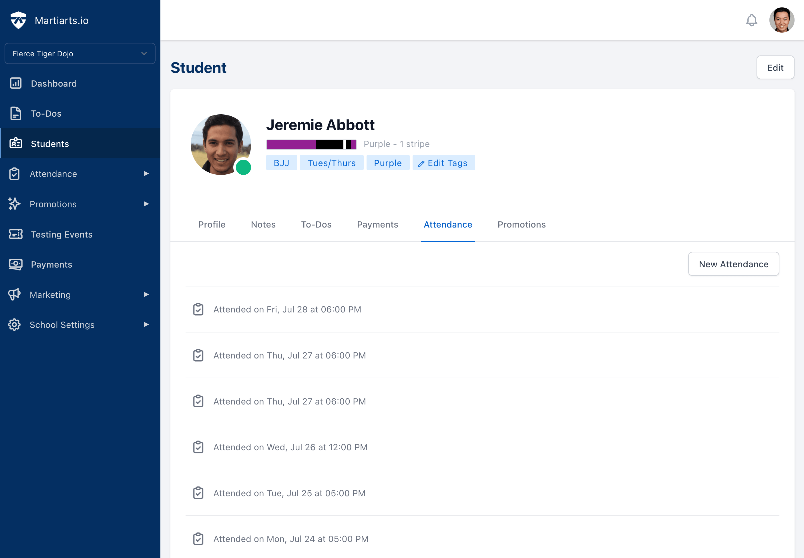 student profile showing student attendance