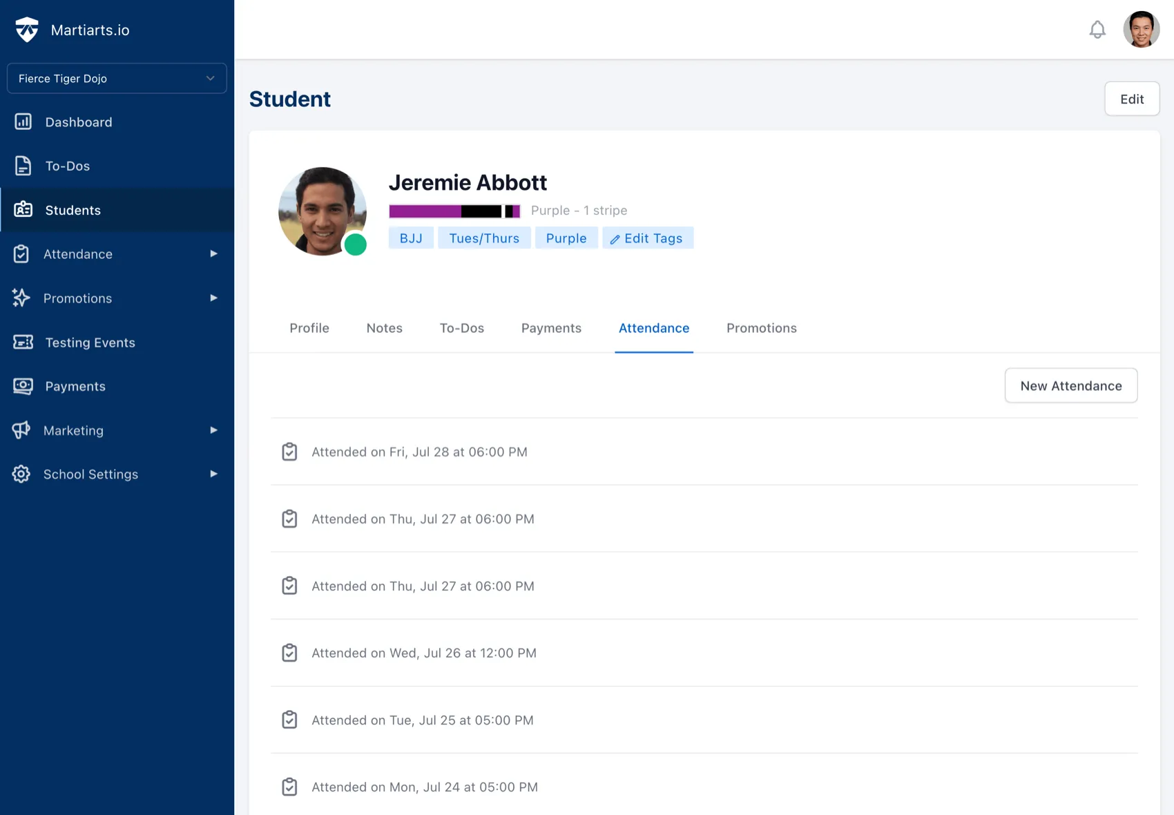 martial arts attendance software - student check-in history