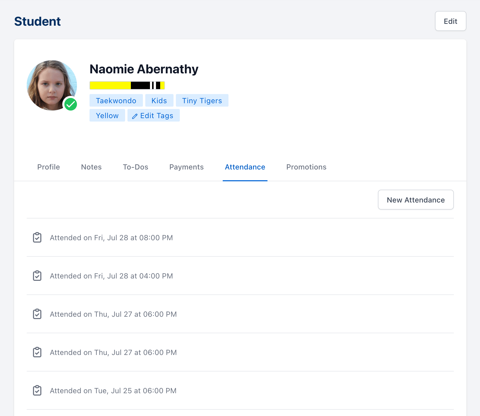 student profile showing attendance record