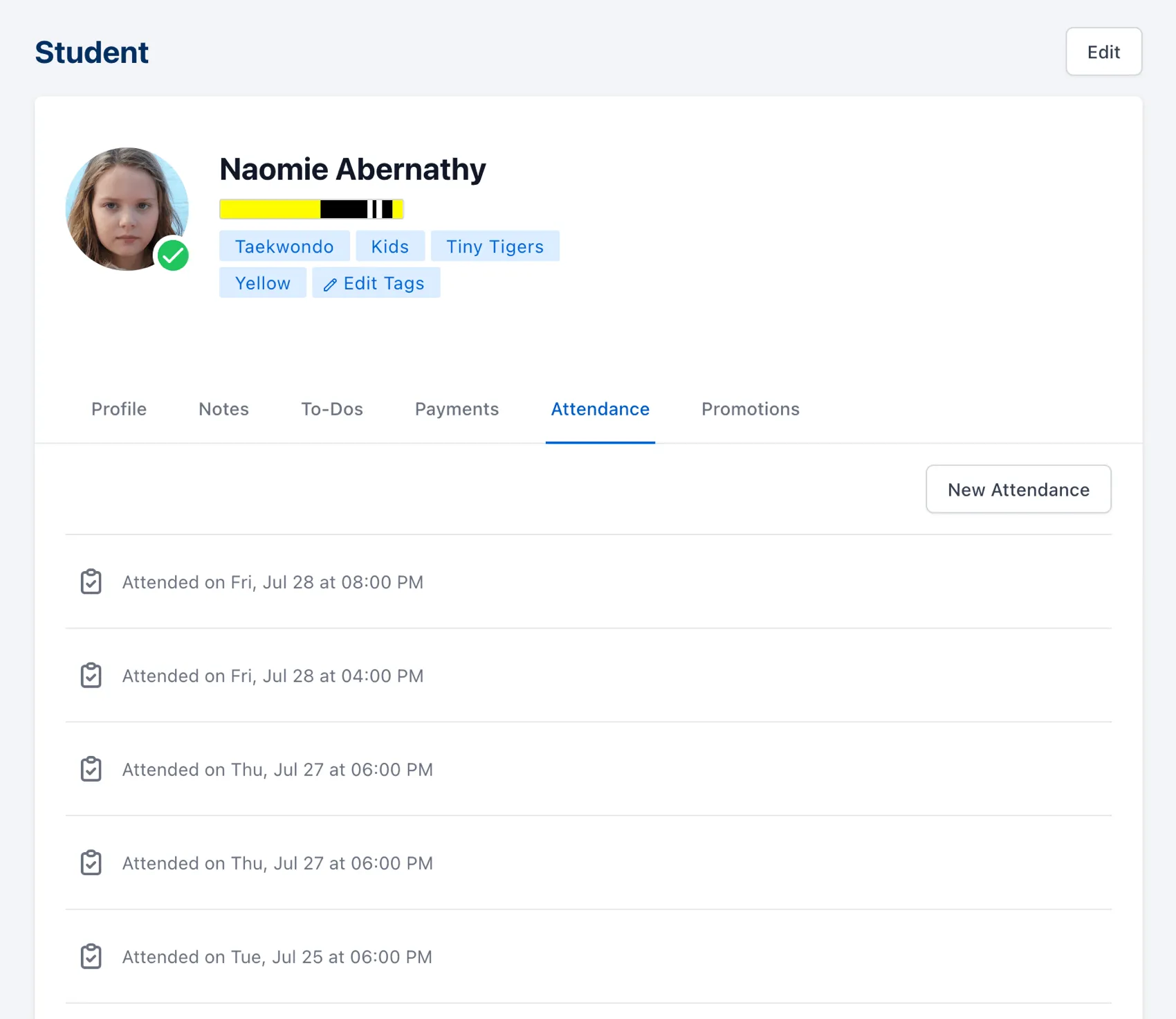 student profile showing attendance history