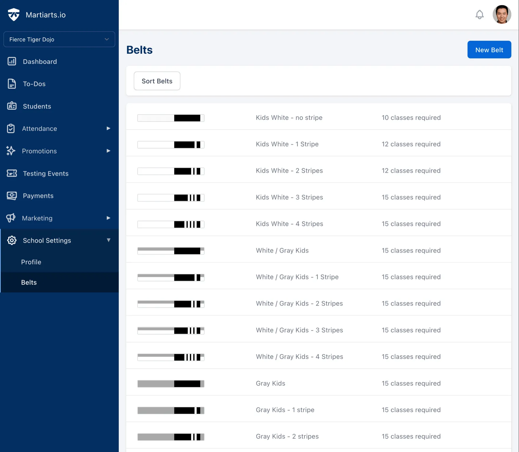 list of belts for the martial arts school
