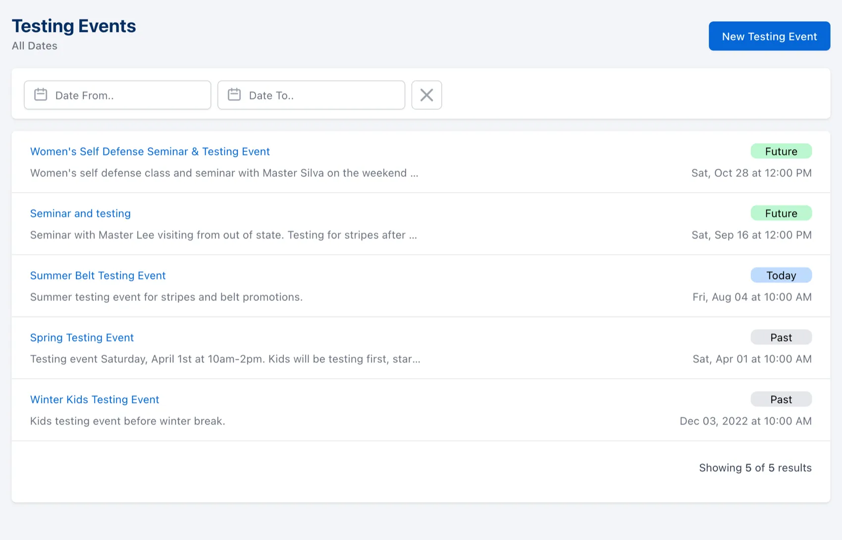 a list of testing events for the school