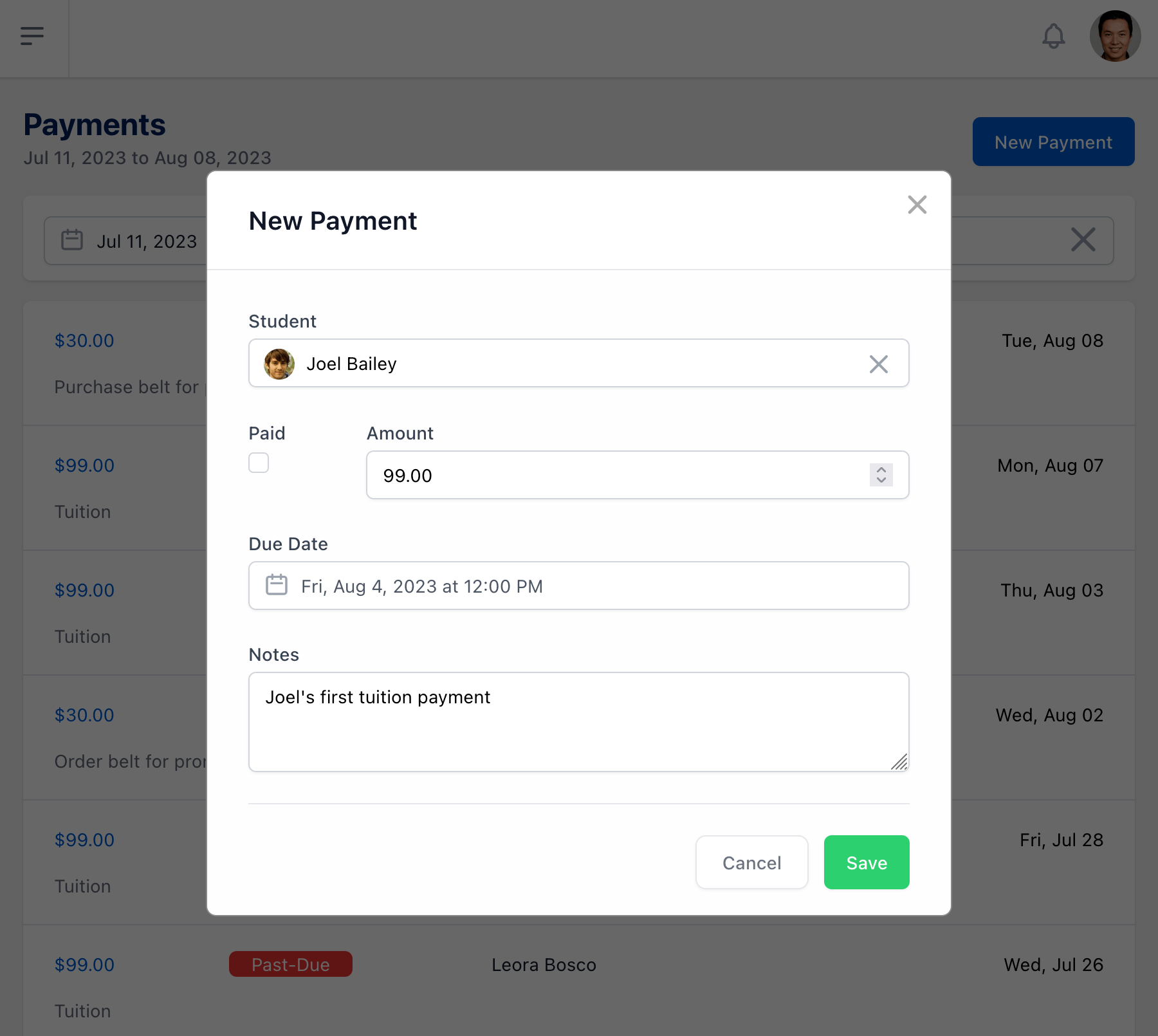 new payment being made for a student