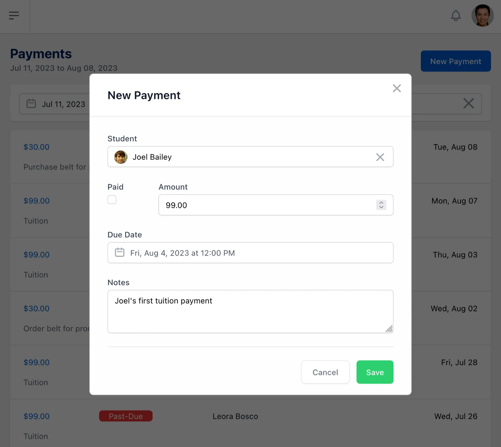 creating a new payment plan for a student