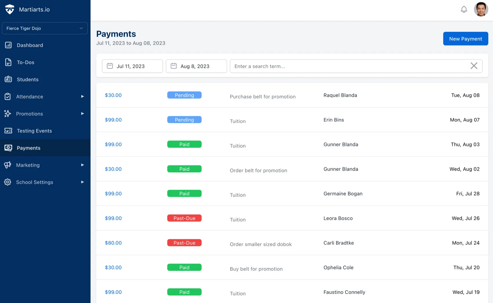 martial arts billing software - payment tracking dashboard