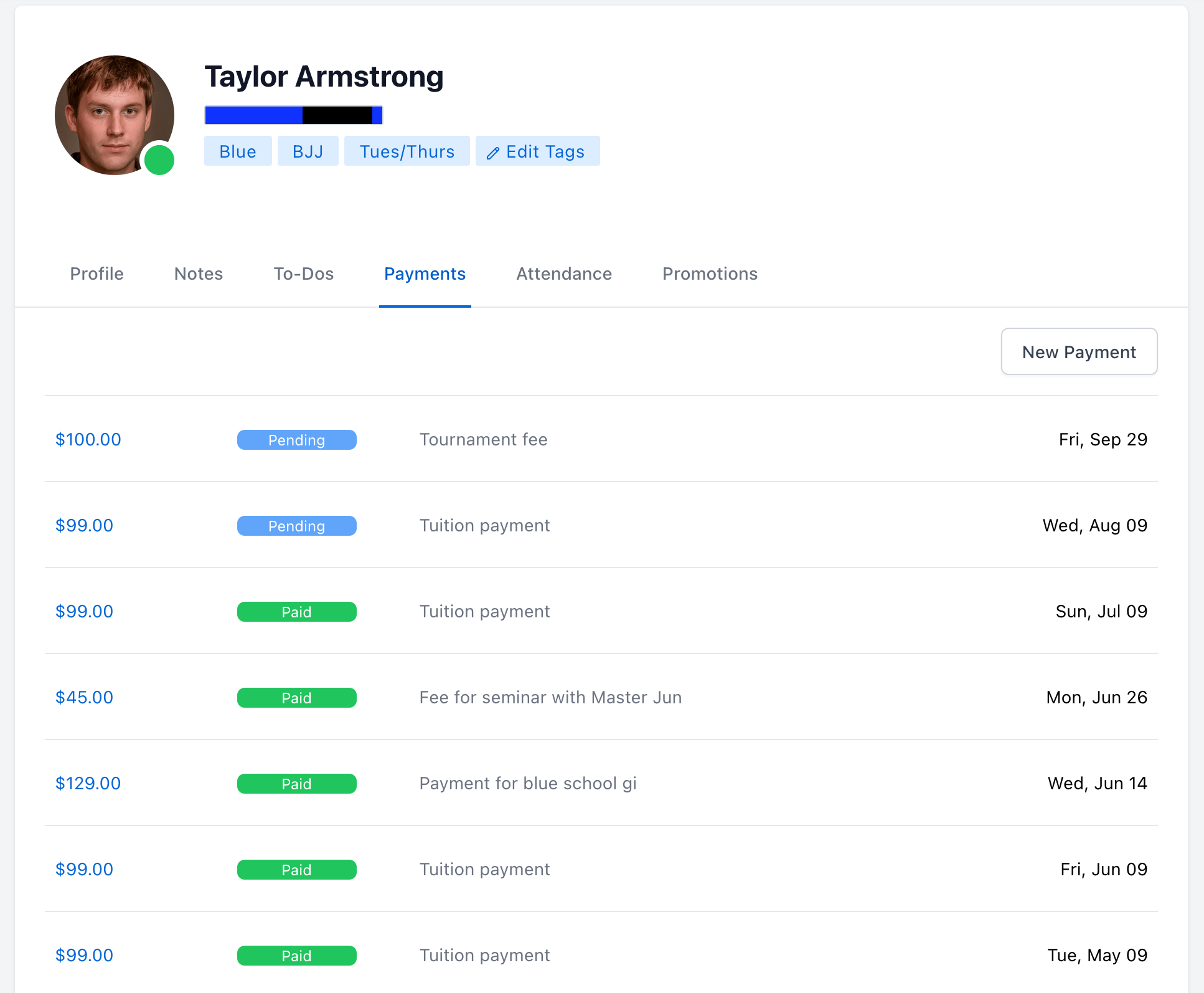 student profile with all the student's payments listed