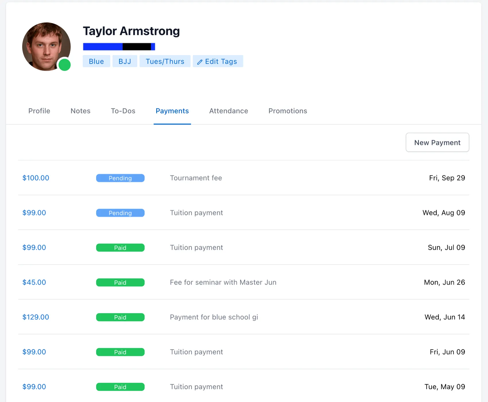 student profile showing payment history
