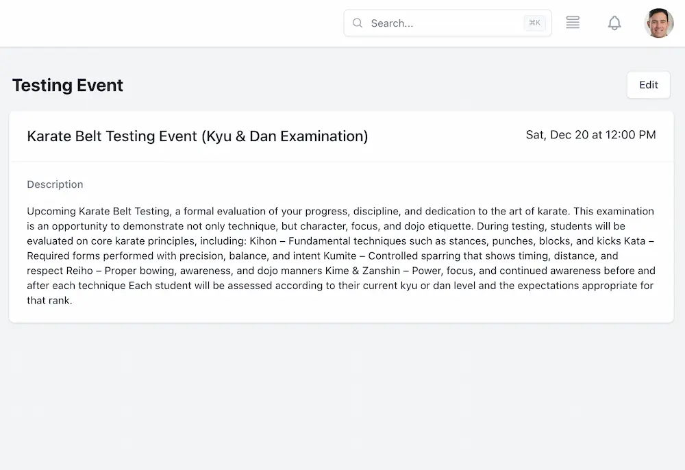 karate school software - belt testing and grading events