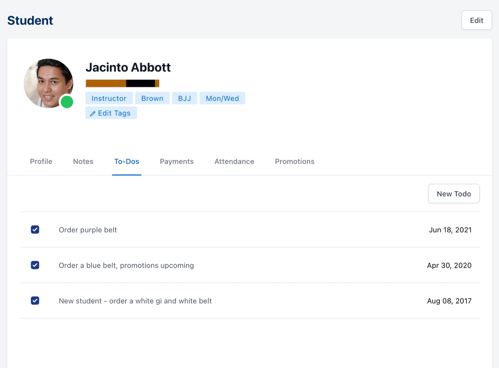 student profile showing assigned tasks