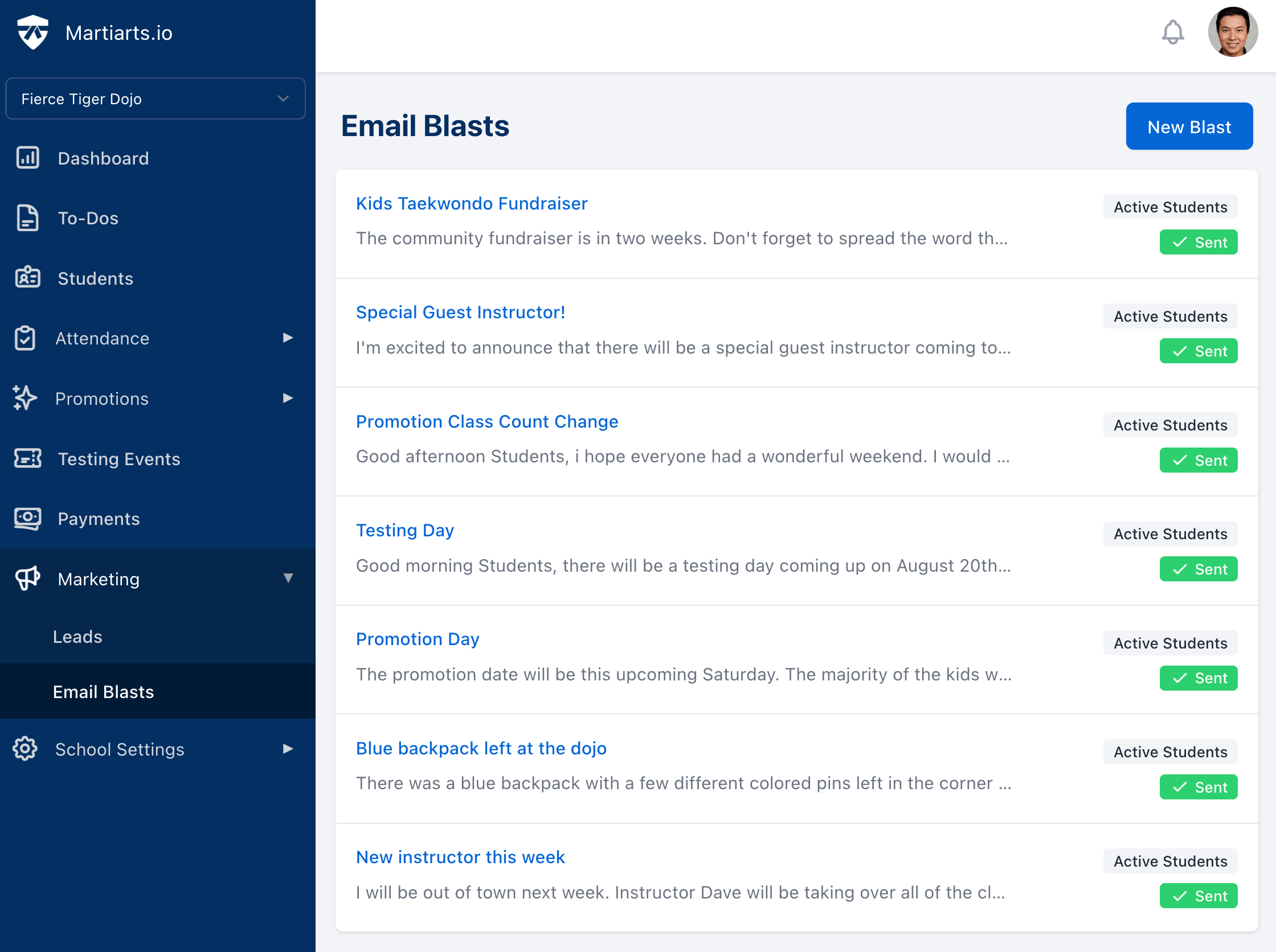 list of email blasts the school owner has sent out