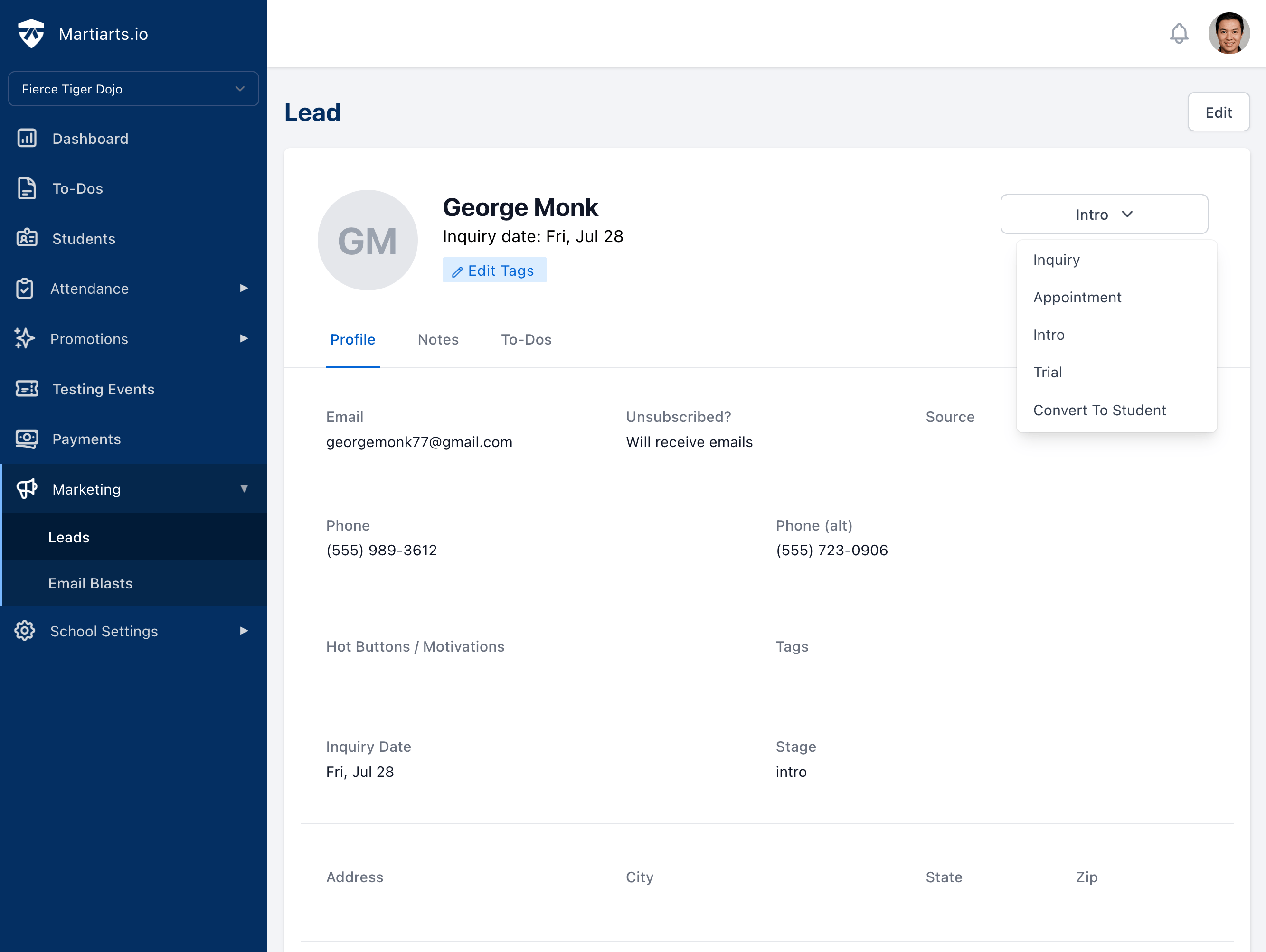 lead profile updated from appointment to intro