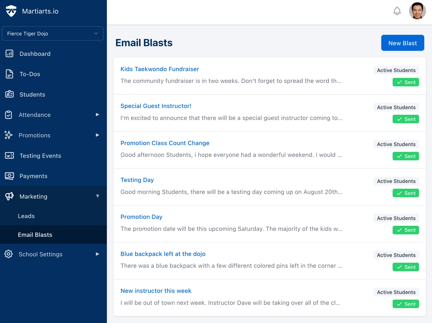 list of email blasts sent to students and leads