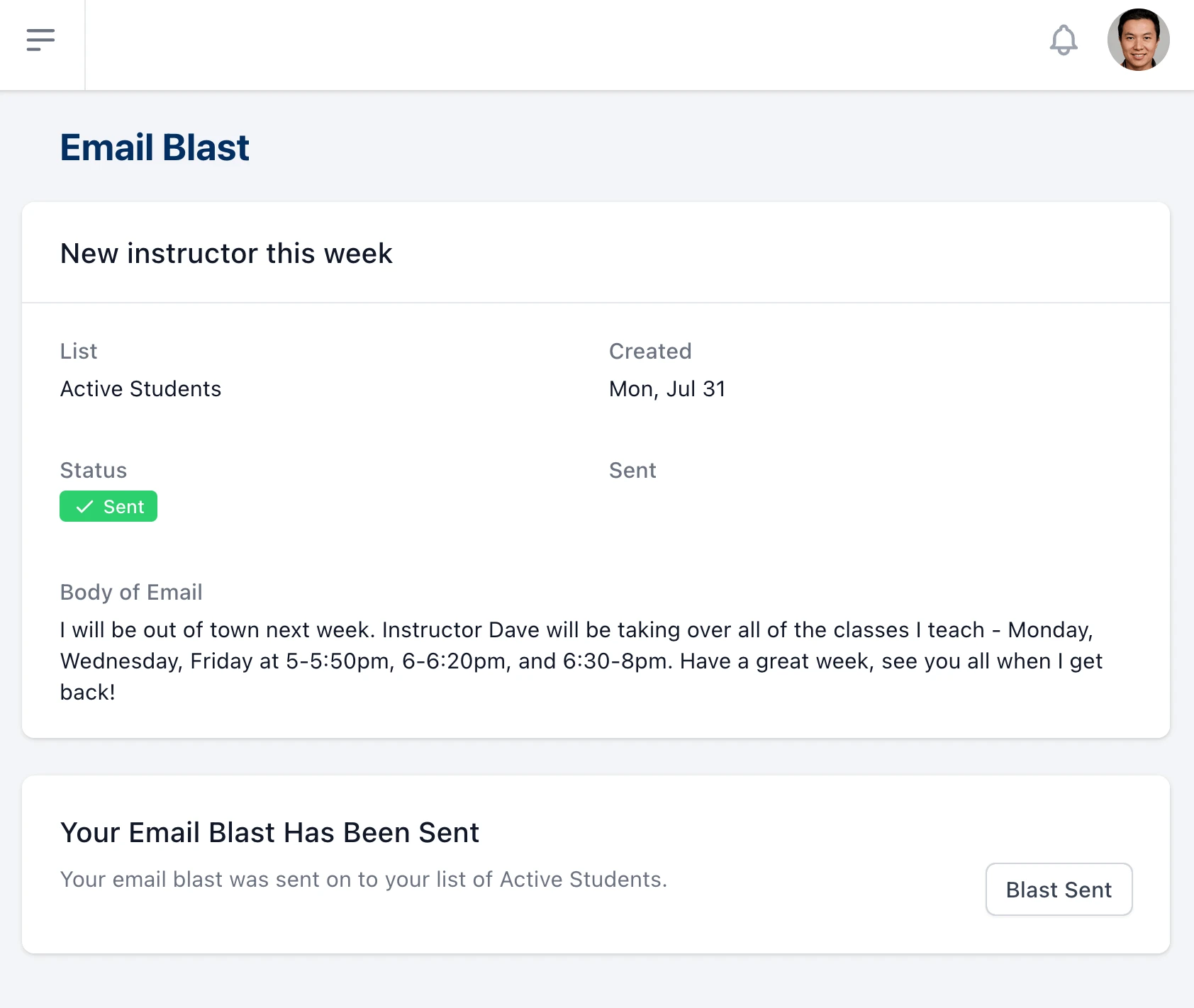 email blast composer with subject line and message body