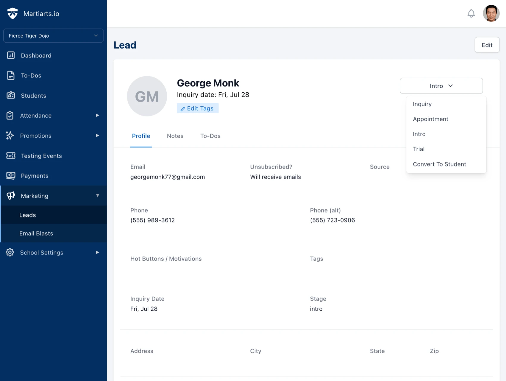 lead profile showing stage progression from inquiry to student