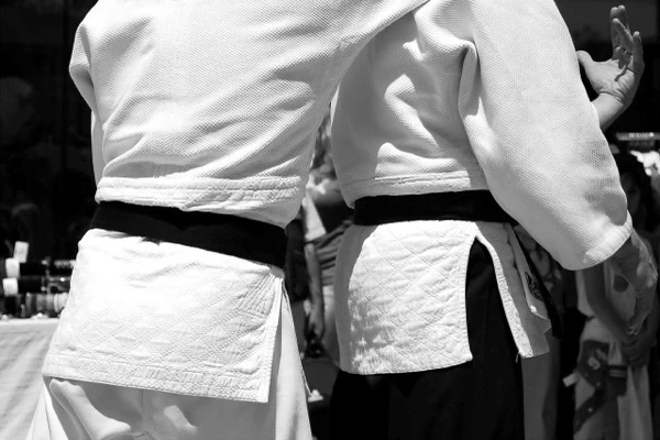 two martial artists in white gis with black belts standing together