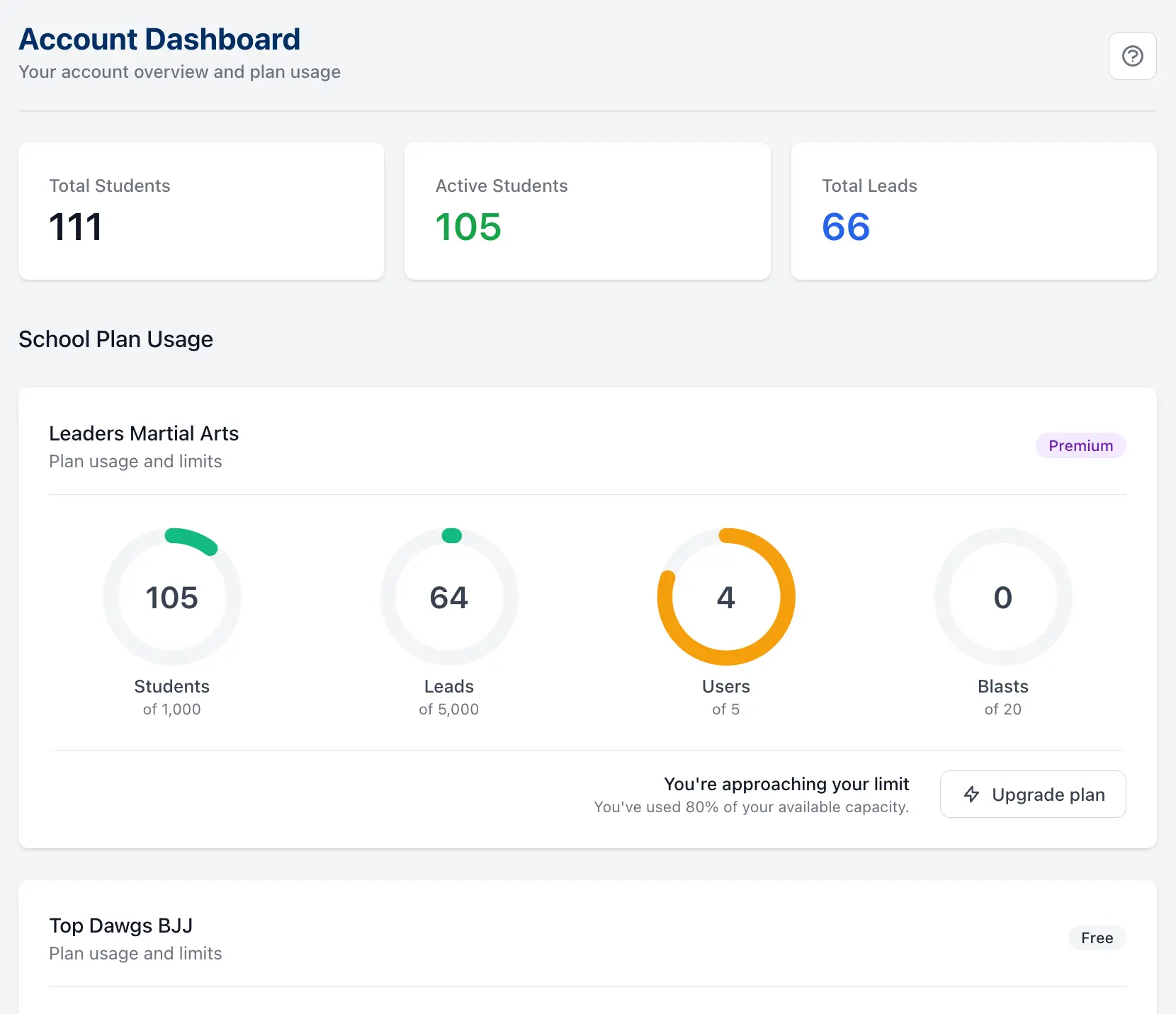 branded martial arts school portal page