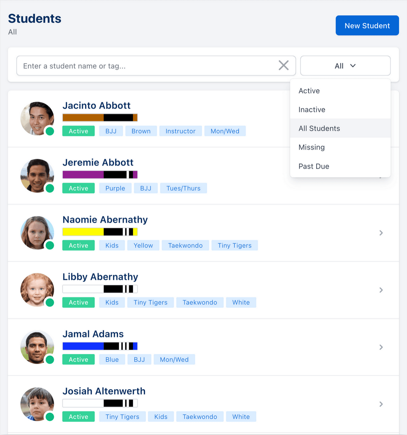 list of all students with dropdown to change student groups