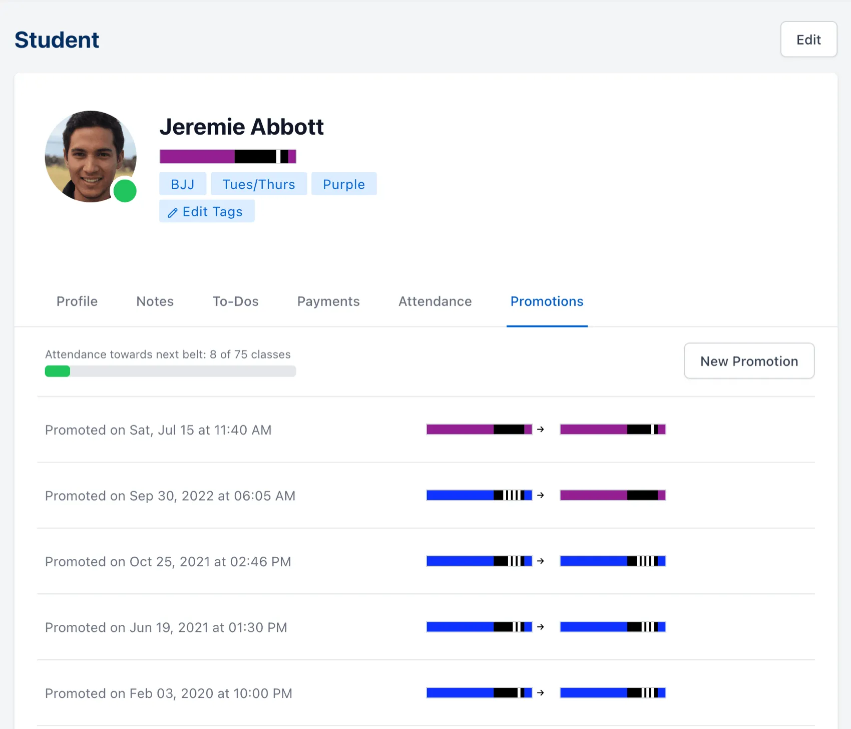 student profile showing promotions history and a progress bar