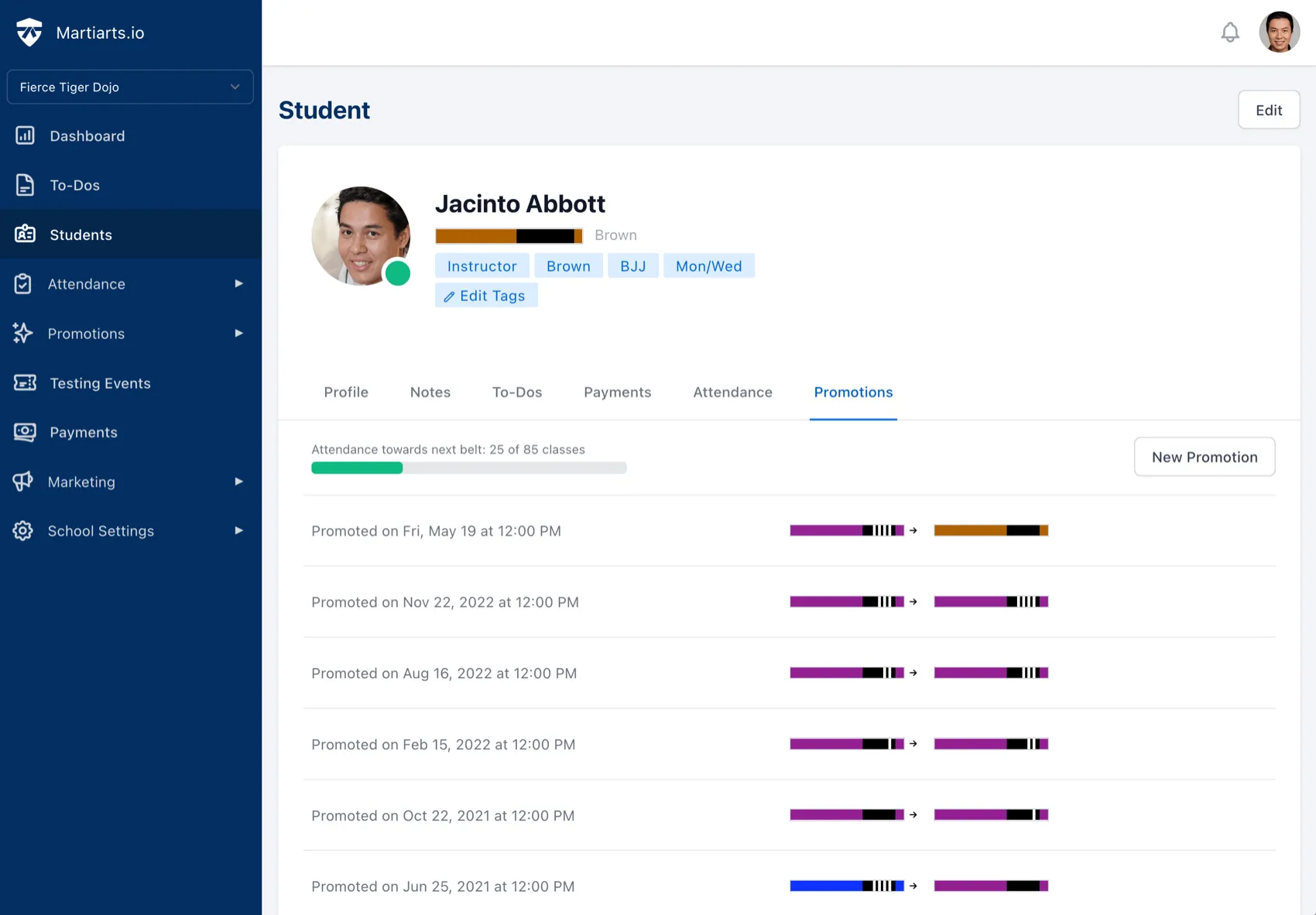 martial arts belts - student promotion tracking