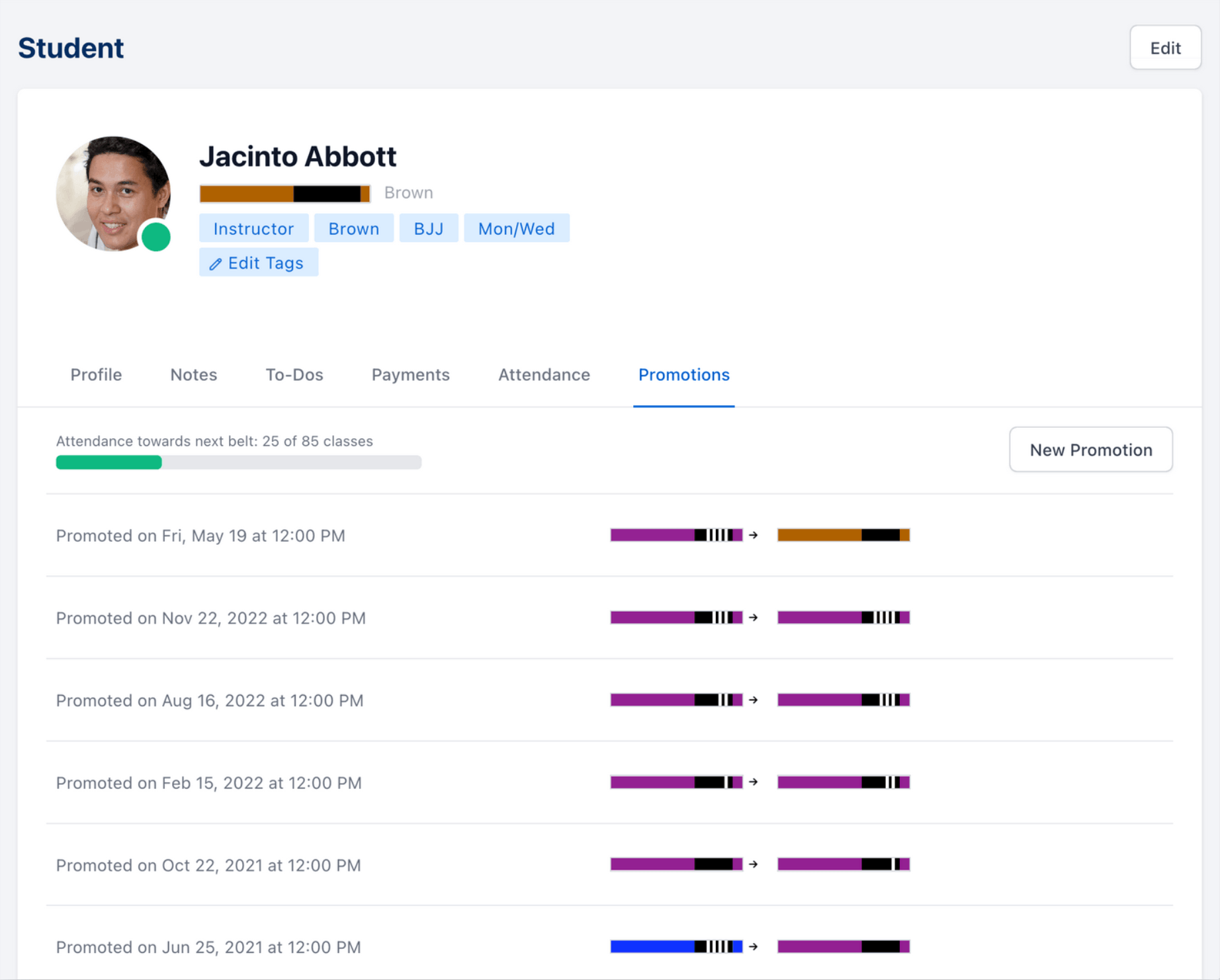 student profile page showing belt promotions of student