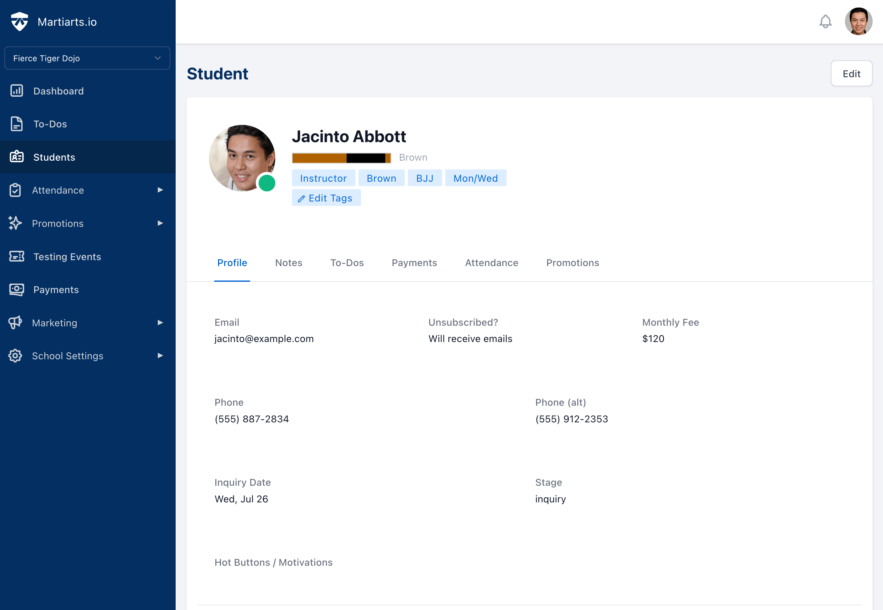 student profile page with picture, belt, and descriptive tags