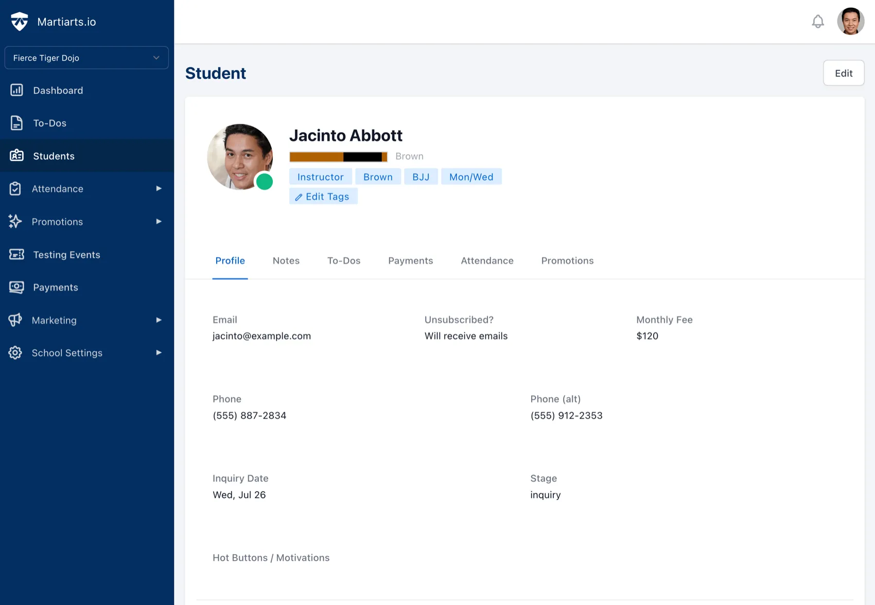 martial arts membership software - student profile