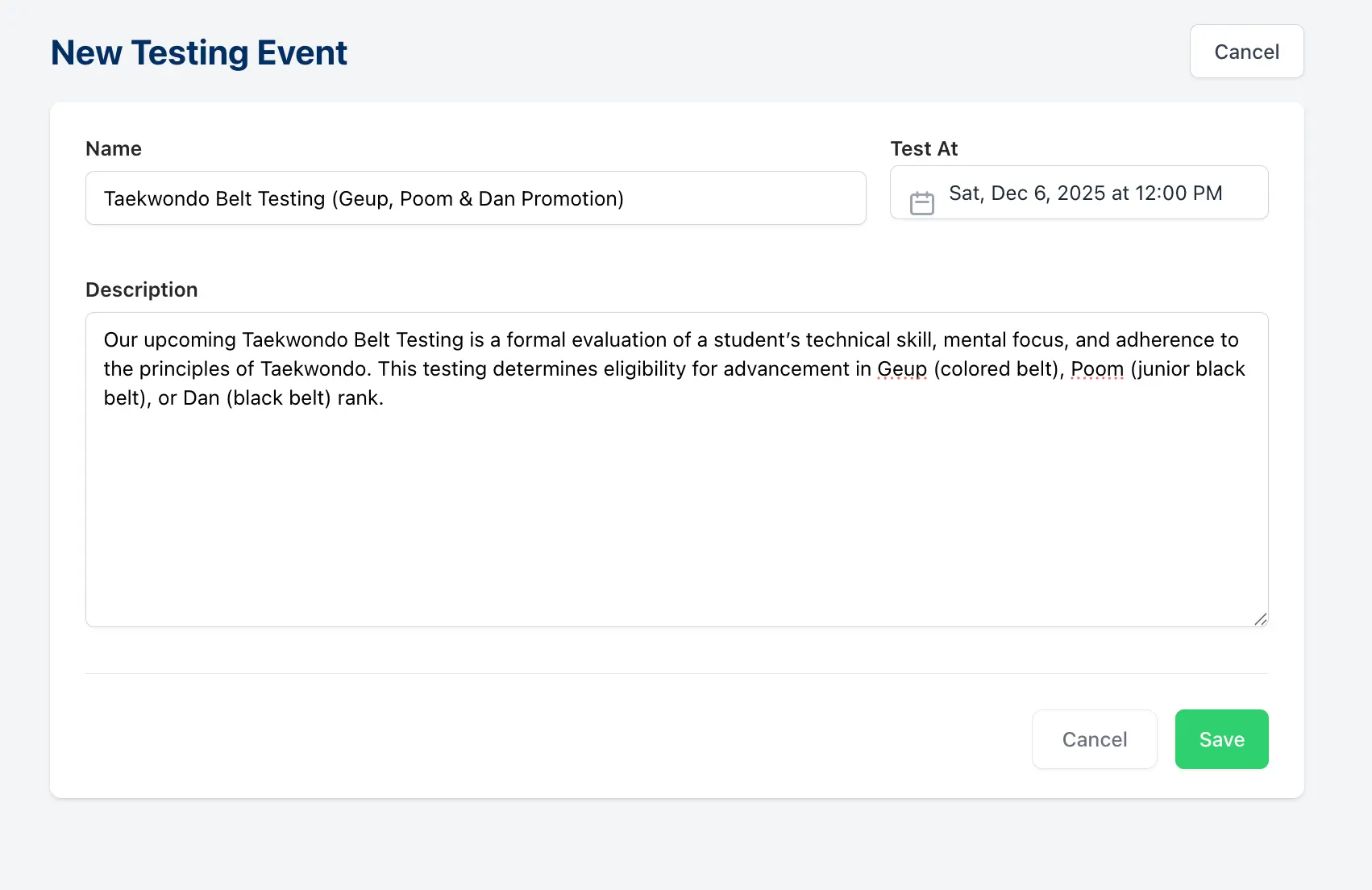 taekwondo software - belt testing and promotion events